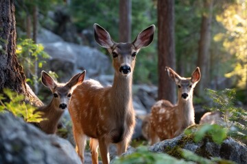 Deer family foraging in a forest during golden hour near rocky landscape