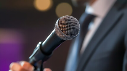 Closeup Political debate announcer moderating a discussion, maintaining neutrality and authority