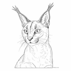 African Golden Cat – Caracal aurata. An elegant caracal with prominent tufted ears, illustrated in a detailed line drawing. The sketch captures the wildcat's facial features and fur texture