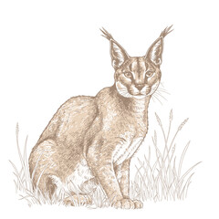 A graceful caracal with tufted ears, depicted in a detailed sketch sitting in tall grass. The illustration highlights the wildcat's natural pose and fur texture, perfect for wildlife and nature-themed