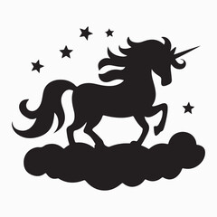 Unicorn Silhouette with Stars and Clouds