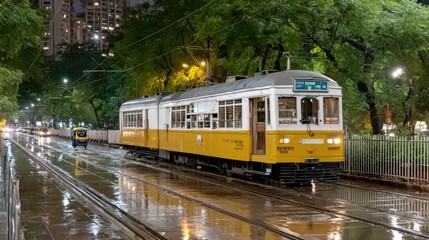 A vibrant yellow tram moves along wet tracks at night, surrounded by neon lights, cars, tuk-tuks, and illuminated buildings amidst rain