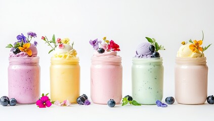 A set of pastel-colored smoothie jars, each filled with colorful ice cream and decorated with fresh flowers or blueberries on top, arranged in an elegant line against a white background