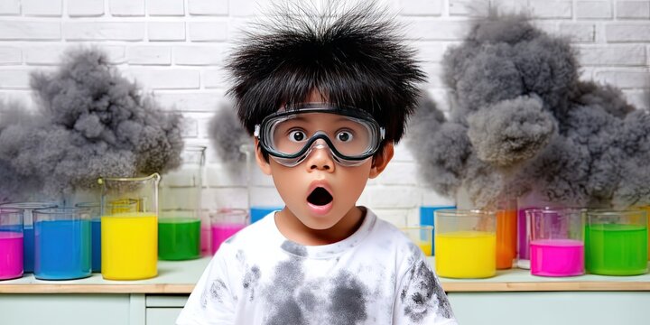 photo of shocked asian american kid after a science lab exploded, the kid's hair is out like he was shocked and burned. he is covered in black soot and has safety goggles, in science lab filled with c