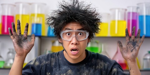 photo of shocked asian american kid after a science lab exploded, the kid's hair is out like he was shocked and burned. he is covered in black soot and has safety goggles, in science lab filled with c