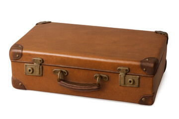 Vintage brown leather suitcase featuring weathered metal clasps, resting against clean background, embodying travel memories