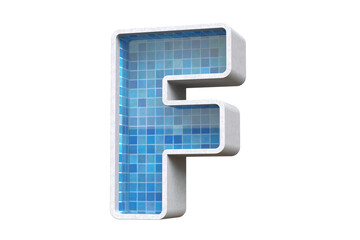 3D pool letter F with a blue ceramic tile texture suitable for architectural and decorative concepts.