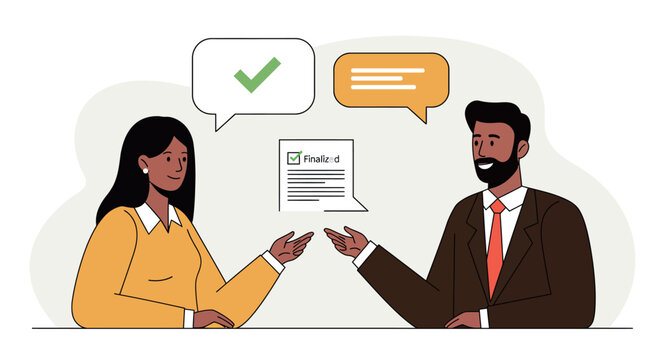 Business agreement discussion with document approval and communication vector illustration