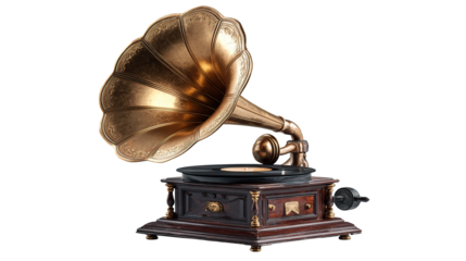 Elegant vintage gramophone with a golden horn and a record on a wooden base against a dark setting on transparent background