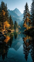 Stunning autumn landscape with mountains reflecting in tranquil lake surrounded by vibrant trees
