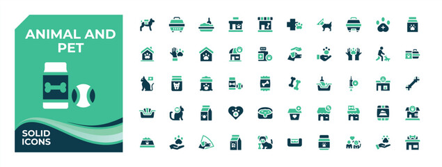 Animal And Pet colorful icon set. Contains such icons as vet, dog, pet, animal care and more. Set of solid pictogram. Animal Care line icon set. Solid line editable stroke. Pixel Perfect.
