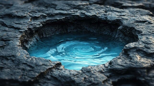 Deep blue pool in dark rocky crater