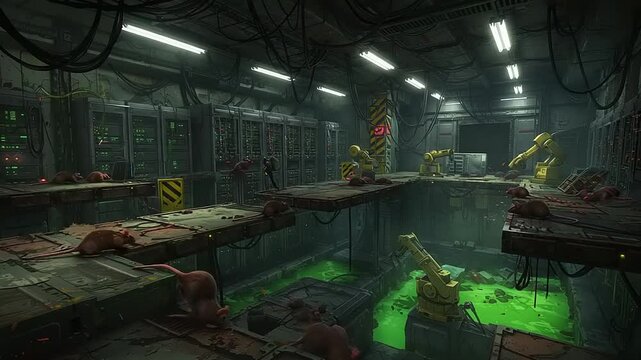 Futuristic laboratory with robotic arms and mutated creatures in a dark, eerie setting