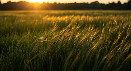 Fototapeta premium Golden Hour Sunset Over Grassy Field