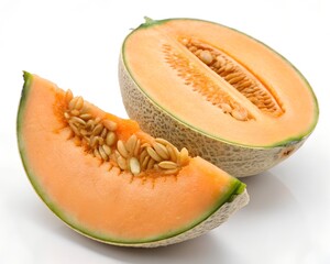 Half sliced cantaloupe fruit with seeds on white background