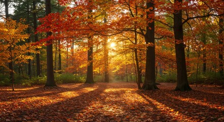 Autumn Forest Sunset: Golden Sunlight Through Red And Orange Leaves