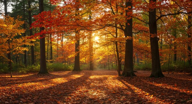 Autumn Forest Sunset: Golden Sunlight Through Red And Orange Leaves