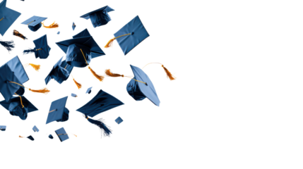 Graduation caps flying in the air on white background