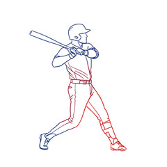 Baseball player swinging a bat in motion with linear outline design  on transparent background