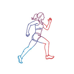 Fototapeta premium Female runner in motion, linear outline icon on transparent background 