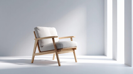 Minimalist armchair positioned in bright, modern interior space