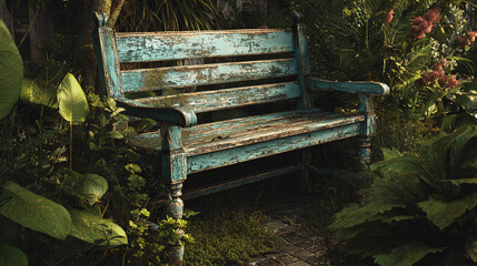 Rustic blue bench surrounded by lush greenery in a serene garden