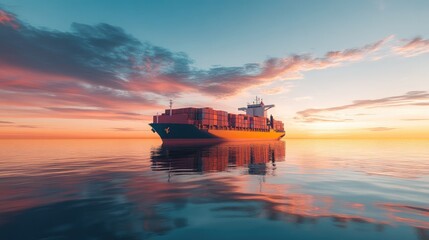 Cargo vessel at sea with calm water and distant coastline, fully loaded for international delivery