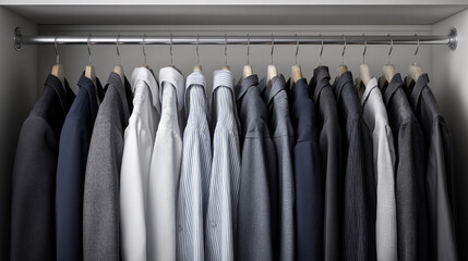 Neatly arranged shirts in a modern closet set up for organization