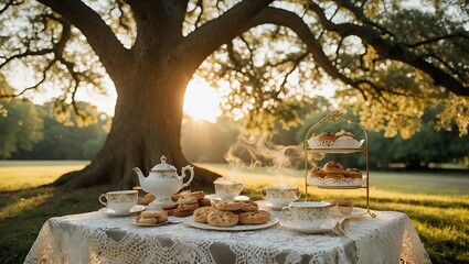 Elegant tea party outdoors with steaming tea and pastries on table