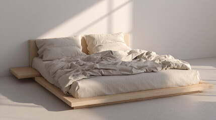 Modern bed design with neutral bedding in minimalist room