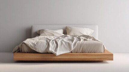 Minimalist bedroom with natural wood bed and soft linens