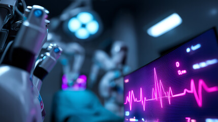 A close-up of a medical monitor displays a bright pink heart rate graph, with blurred robotic surgical arms and an operating room in the background, highlighting advanced healthcare technology.
