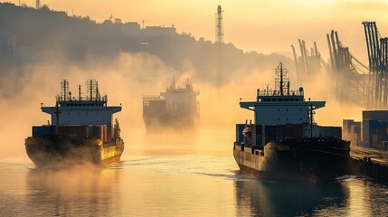 Foggy morning at the port with silhouettes of ships and container stacks