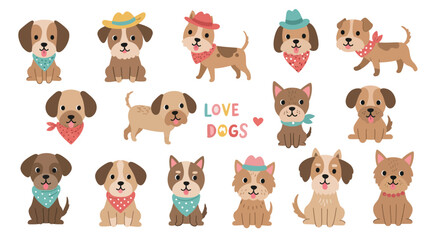 Obraz premium Cute cartoon dogs pattern with hats and bandanas for kids decor vector illustration