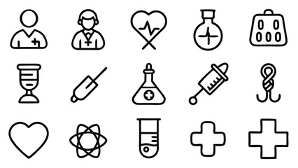 A collection of minimalist medical icons suitable for healthcare, science, and related designs