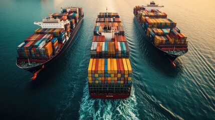 International shipping lane with multiple container vessels in the distance