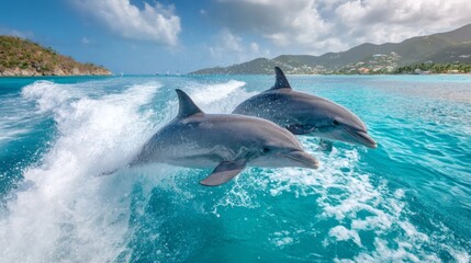 Fototapeta premium Two dolphins leaping out of the ocean, crystal clear turquoise water, tropical island background, clear blue sky with fluffy clouds.
