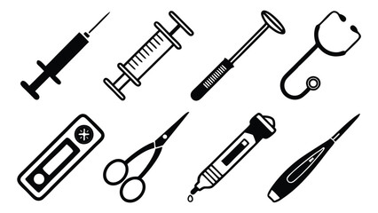 Black and white medical icons illustrating healthcare and medical instruments professionally designed