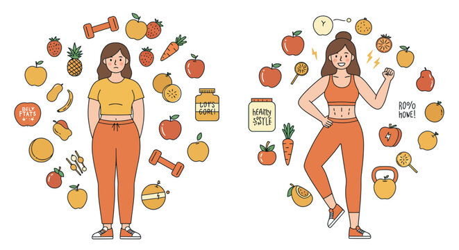 Healthy lifestyle transformation concept with fitness and nutrition elements for motivation and inspiration vector illustration