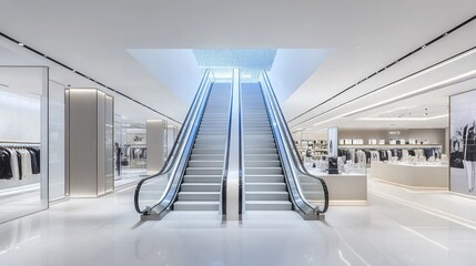 Symmetrical escalators with LED lights in high-end fashion retail store
