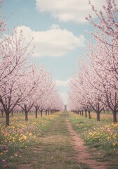 Pink Blossom Trees Path Spring Orchard