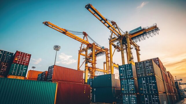 Steel structures of port cranes towering over shipping containers at twilight