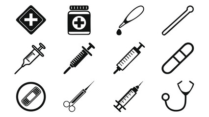 Obraz premium Black and white medical icons representing healthcare emergency and health services