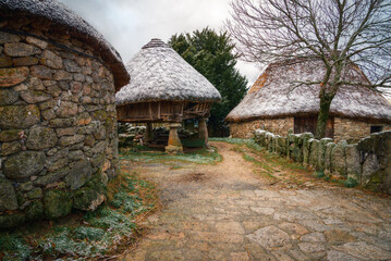 Light frost on the thatched roofs of the Piornedo pallozas