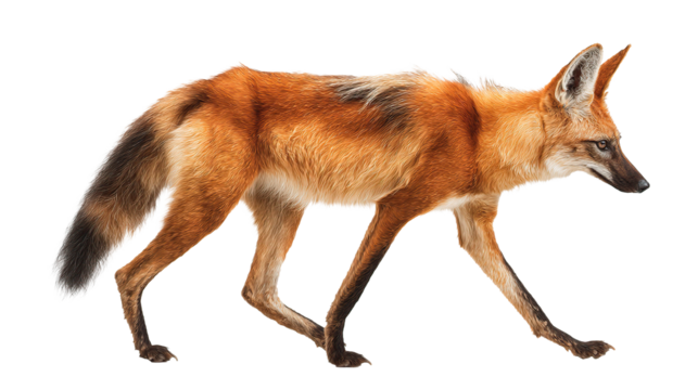A reddish brown maned wolf with long legs walking in a side profile view against a transparent area on transparent background - Powered by Adobe