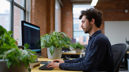 A young male programmer is intensely focused on coding, sitting at a desk with multiple monitors displaying lines of code in a modern office surrounded by green plants.
