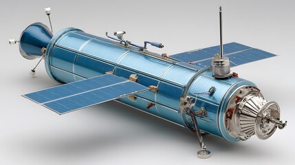 A detailed blue space station model with solar panels against a clean background showcasing futuristic exploration.