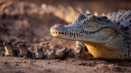 Obraz premium An adult crocodile rests on a sandy bank, surrounded by its newborn babies. The scene captures the protective nature and new life.