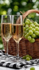 Champagne glasses sit beside a basket of grapes and bread, creating a romantic picnic atmosphere in a summer vineyard landscape