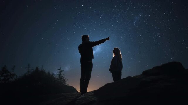 Silhouetted couple stands on a rocky hilltop under a brilliant night sky as the man points toward constellations in a slow, reverent motion, illuminated from behind by starlight.